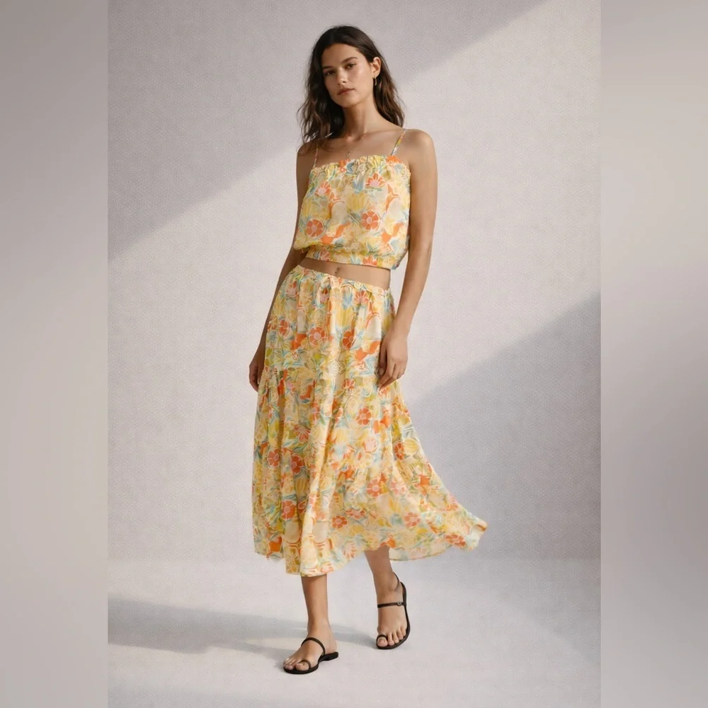 Velvet Graham and Spencer sunwashed yellow multi floral print skirt top set. XS